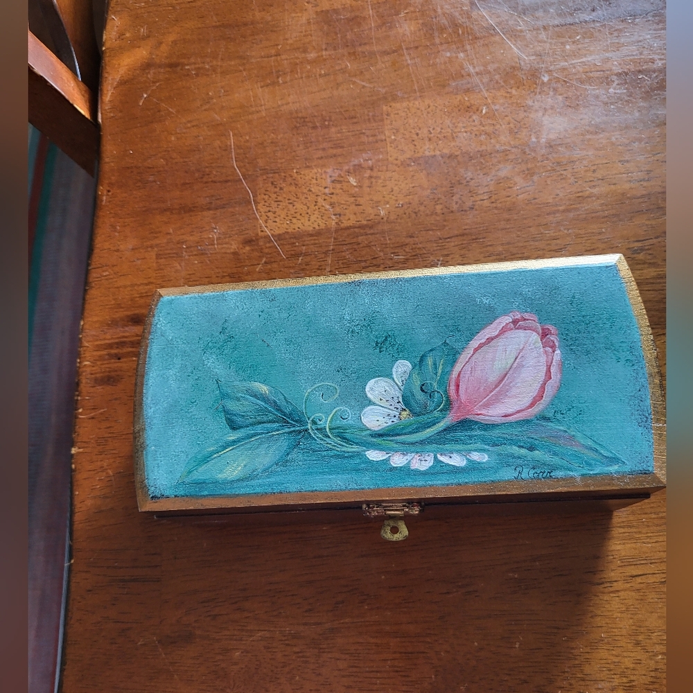 Hand-Painted Floral Wooden Jewelry Box 9"x4"x3"